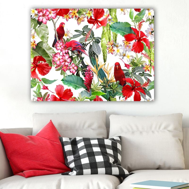 Canvastavla 70x100 cm - Färgglad tropisk flora med röda papegojor och blommor - Röd / Grön / Rosa - Inredning - Tavlor & posters - Canvastavla