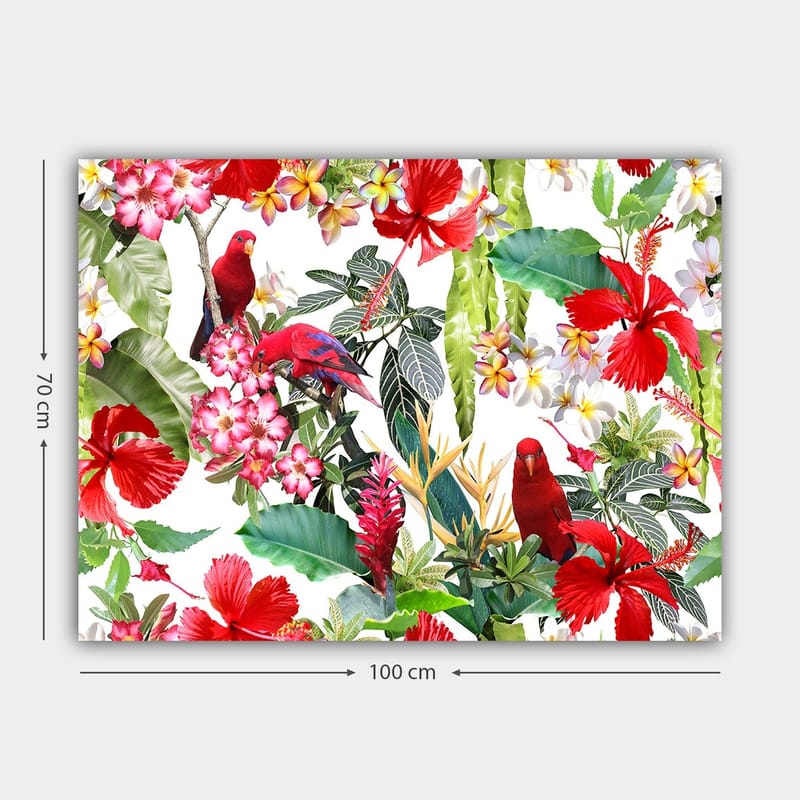 Canvastavla 70x100 cm - Färgglad tropisk flora med röda papegojor och blommor - Röd / Grön / Rosa - Inredning - Tavlor & posters - Canvastavla