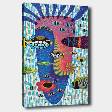 Canvastavla 70x100 cm - Färgglad undervattensscen med olika fiskar och ett ansiktsmotiv i bakgrunden - Blå / Rosa / Gul - Inredning - Tavlor & posters - Canvastavla