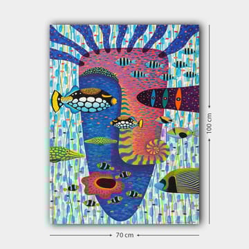 Canvastavla 70x100 cm - Färgglad undervattensscen med olika fiskar och ett ansiktsmotiv i bakgrunden - Blå / Rosa / Gul - Inredning - Tavlor & posters - Canvastavla