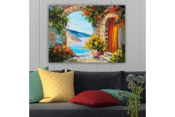 Canvastavla 70x100 cm - Färgglad utsikt genom en båge med blommor och hav i bakgrunden - Blå / Orange / Grön - Inredning - Tavlor & posters - Canvastavla