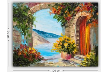 Canvastavla 70x100 cm - Färgglad utsikt genom en båge med blommor och hav i bakgrunden - Blå / Orange / Grön - Inredning - Tavlor & posters - Canvastavla