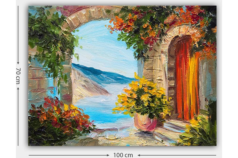 Canvastavla 70x100 cm - Färgglad utsikt genom en båge med blommor och hav i bakgrunden - Blå / Orange / Grön - Inredning - Tavlor & posters - Canvastavla