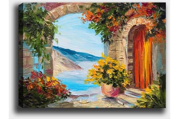 Canvastavla 70x100 cm - Färgglad utsikt genom en båge med blommor och hav i bakgrunden - Blå / Orange / Grön - Inredning - Tavlor & posters - Canvastavla