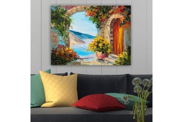 Canvastavla 70x100 cm - Färgglad utsikt genom en båge med blommor och hav i bakgrunden - Blå / Orange / Grön - Inredning - Tavlor & posters - Canvastavla