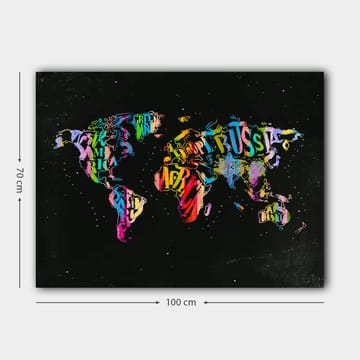Canvastavla 70x100 cm - Färgglad världskarta skapad av text och symboler som representerar olika länder - Lila / Röd / Grön - Inredning - Tavlor & posters - Canvastavla