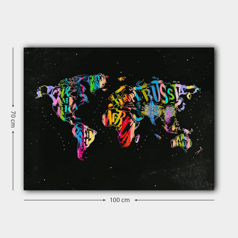 Canvastavla 70x100 cm - Färgglad världskarta skapad av text och symboler som representerar olika länder - Lila / Röd / Grön - Inredning - Tavlor & posters - Canvastavla