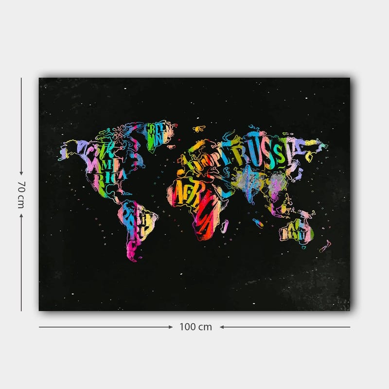 Canvastavla 70x100 cm - Färgglad världskarta skapad av text och symboler som representerar olika länder - Lila / Röd / Grön - Inredning - Tavlor & posters - Canvastavla