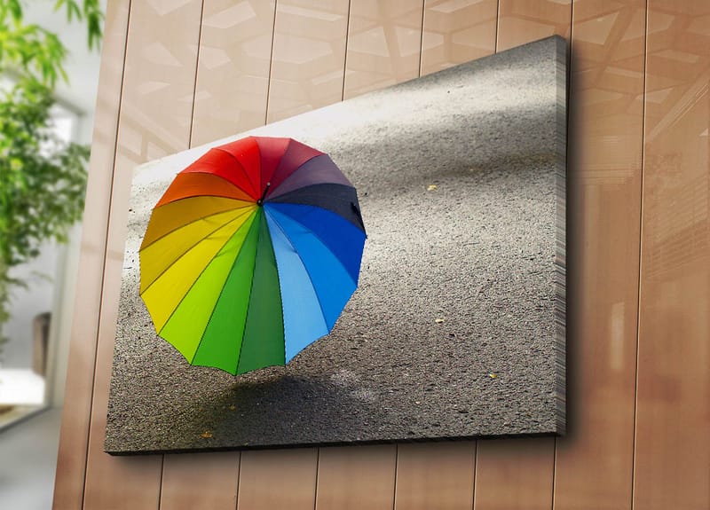 Canvastavla 70x100 cm - Färgglad paraply som står på en grå yta - Röd / Grön / Blå - Inredning - Tavlor & posters - Canvastavla
