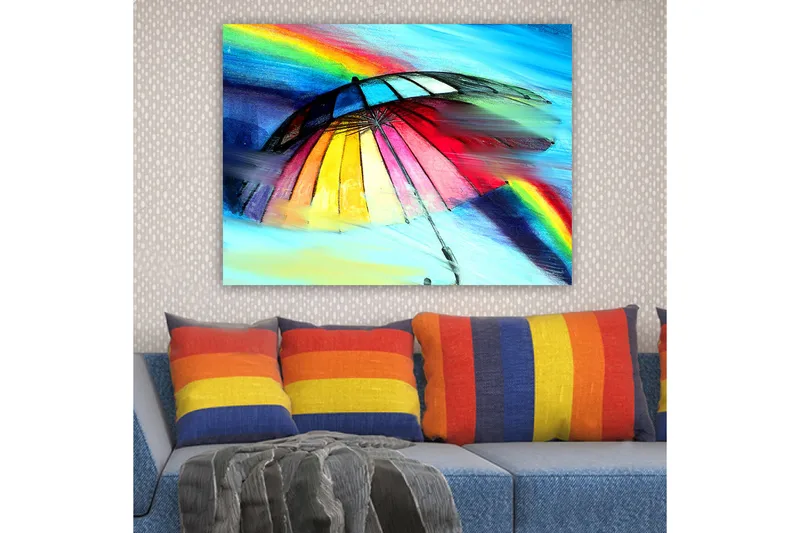 Canvastavla 70x100 cm - Färgglad paraply med regnbåge i bakgrunden - Röd / Gul / Blå - Inredning - Tavlor & posters - Canvastavla