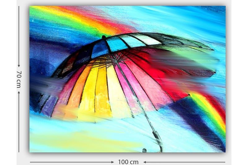 Canvastavla 70x100 cm - Färgglad paraply med regnbåge i bakgrunden - Röd / Gul / Blå - Inredning - Tavlor & posters - Canvastavla