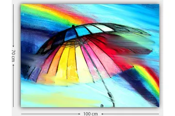 Canvastavla 70x100 cm - Färgglad paraply med regnbåge i bakgrunden - Röd / Gul / Blå - Inredning - Tavlor & posters - Canvastavla