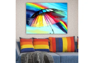 Canvastavla 70x100 cm - Färgglad paraply med regnbåge i bakgrunden - Röd / Gul / Blå - Inredning - Tavlor & posters - Canvastavla