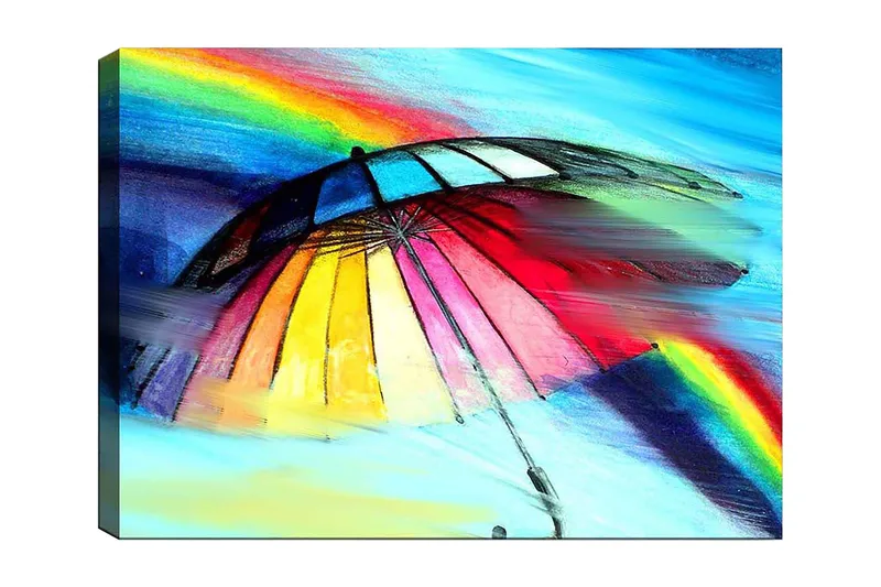 Canvastavla 70x100 cm - Färgglad paraply med regnbåge i bakgrunden, Röd / Gul / Blå