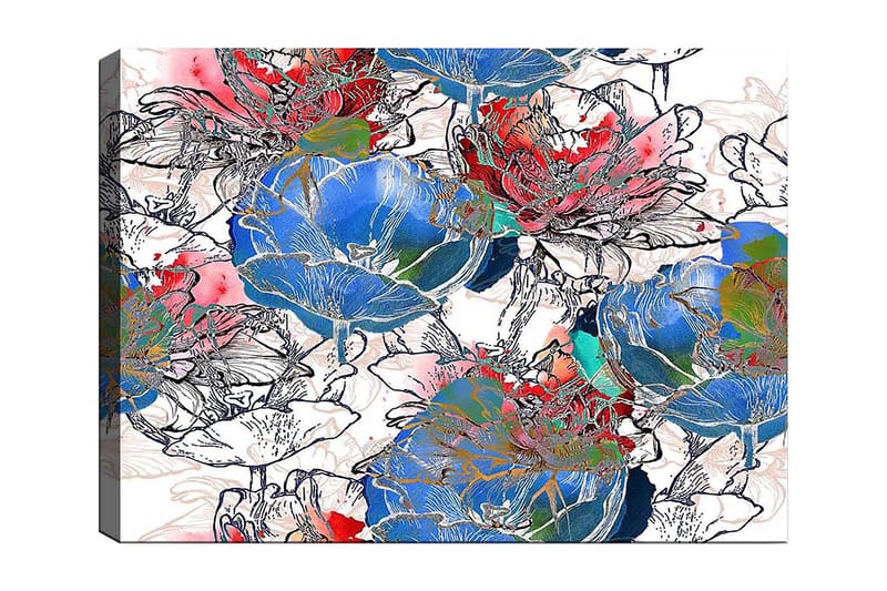 Canvastavla 70x100 cm - Färgglada blommor i en livlig komposition, Blå / Röd / Grön