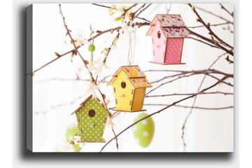 Canvastavla 70x100 cm - Färgglada fågelholkar hängande i grenar med blommor - Grön / Gul / Rosa - Inredning - Tavlor & posters - Canvastavla
