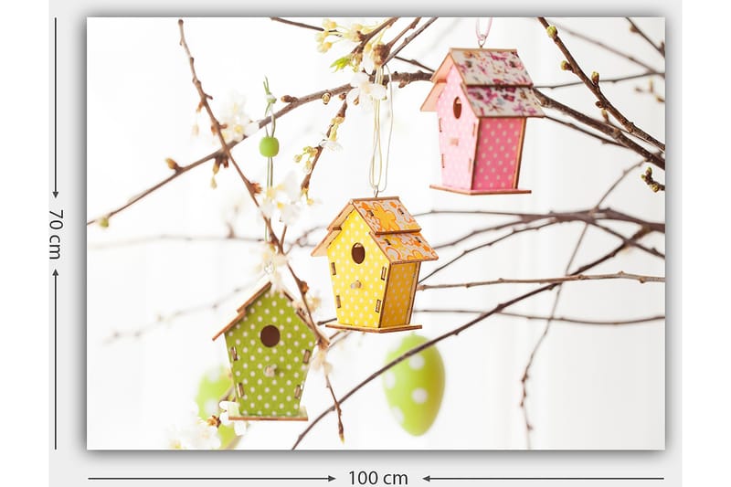 Canvastavla 70x100 cm - Färgglada fågelholkar hängande i grenar med blommor - Grön / Gul / Rosa - Inredning - Tavlor & posters - Canvastavla