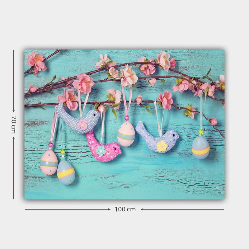 Canvastavla 70x100 cm - Färgglada fåglar och ägg hängande på en gren med blommor - Blå / Rosa / Grön - Inredning - Tavlor & posters - Canvastavla