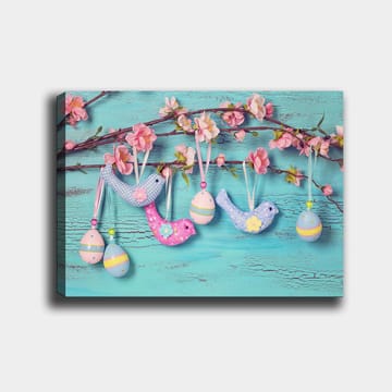 Canvastavla 70x100 cm - Färgglada fåglar och ägg hängande på en gren med blommor - Blå / Rosa / Grön - Inredning - Tavlor & posters - Canvastavla