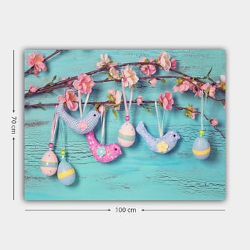 Canvastavla 70x100 cm - Färgglada fåglar och ägg hängande på en gren med blommor - Blå / Rosa / Grön - Inredning - Tavlor & posters - Canvastavla
