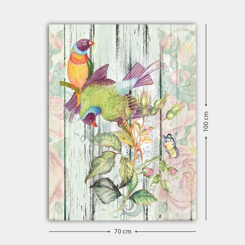 Canvastavla 70x100 cm - Färgglada fåglar som sitter på en blomstrande gren - Grön / Blå / Orange - Inredning - Tavlor & posters - Canvastavla