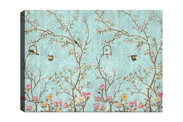 Canvastavla 70x100 cm - Färgglada fåglar som sitter på grenar med blommor mot en ljusblå bakgrund - Ljusblå / Rosa / Brun - Inredning - Tavlor & posters - Canvastavla