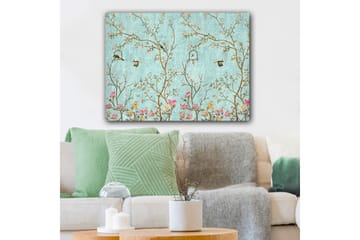 Canvastavla 70x100 cm - Färgglada fåglar som sitter på grenar med blommor mot en ljusblå bakgrund - Ljusblå / Rosa / Brun - Inredning - Tavlor & posters - Canvastavla
