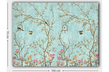 Canvastavla 70x100 cm - Färgglada fåglar som sitter på grenar med blommor mot en ljusblå bakgrund - Ljusblå / Rosa / Brun - Inredning - Tavlor & posters - Canvastavla