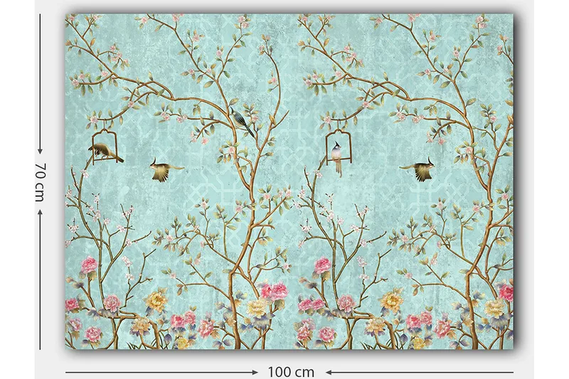 Canvastavla 70x100 cm - Färgglada fåglar som sitter på grenar med blommor mot en ljusblå bakgrund - Ljusblå / Rosa / Brun - Inredning - Tavlor & posters - Canvastavla