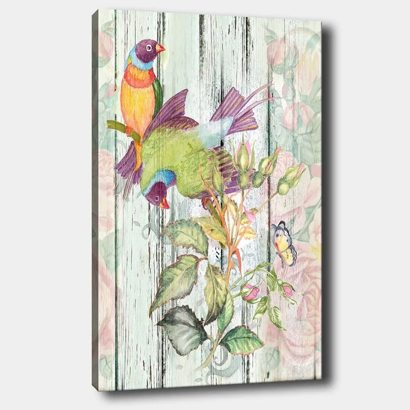 Canvastavla 70x100 cm - Färgglada fåglar som sitter på en blomstrande gren, Grön / Blå / Orange
