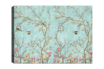 Canvastavla 70x100 cm - Färgglada fåglar som sitter på grenar med blommor mot en ljusblå bakgrund - Ljusblå / Rosa / Brun - Inredning - Tavlor & posters - Canvastavla