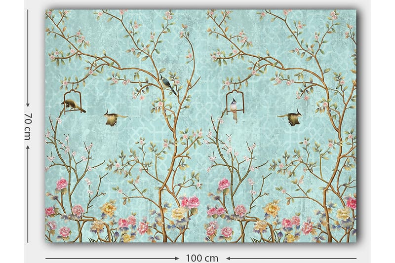 Canvastavla 70x100 cm - Färgglada fåglar som sitter på grenar med blommor mot en ljusblå bakgrund - Ljusblå / Rosa / Brun - Inredning - Tavlor & posters - Canvastavla