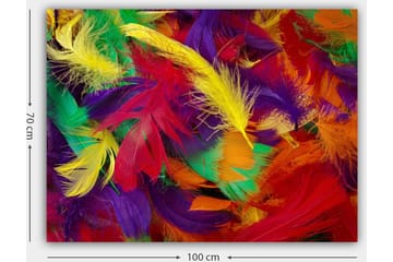 Canvastavla 70x100 cm - Färgglada fjädrar i en livlig sammansättning - Röd / Gul / Grön - Inredning - Tavlor & posters - Canvastavla