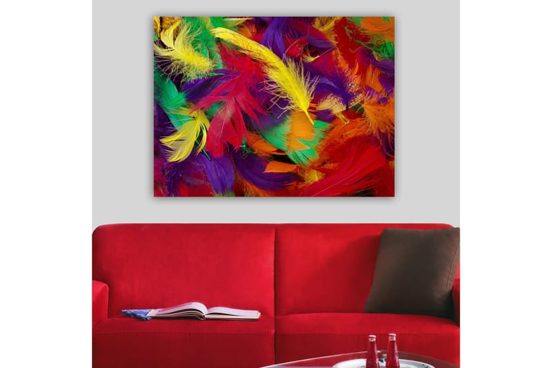 Canvastavla 70x100 cm - Färgglada fjädrar i en livlig sammansättning - Röd / Gul / Grön - Inredning - Tavlor & posters - Canvastavla