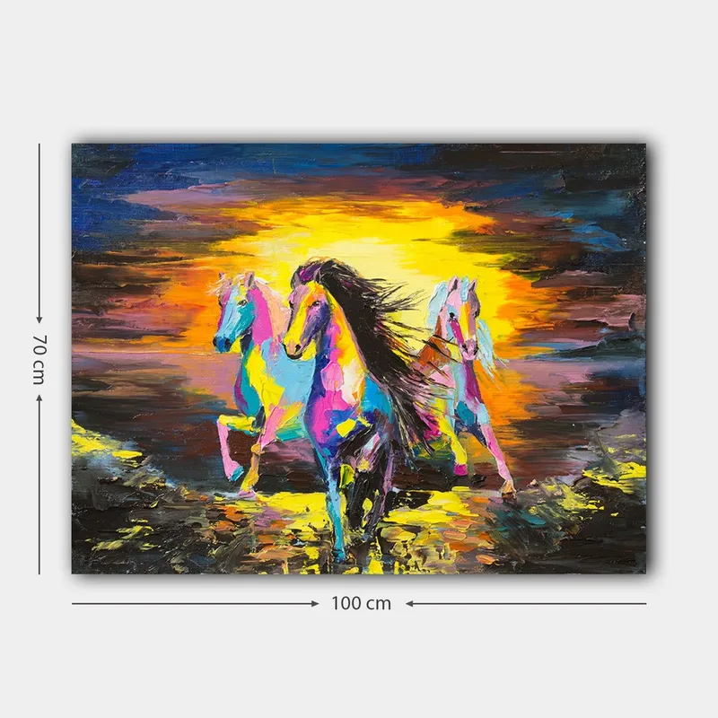 Canvastavla 70x100 cm - Färgglada hästar som galopperar mot en ljus bakgrund - Rosa / Gul / Blå - Inredning - Tavlor & posters - Canvastavla