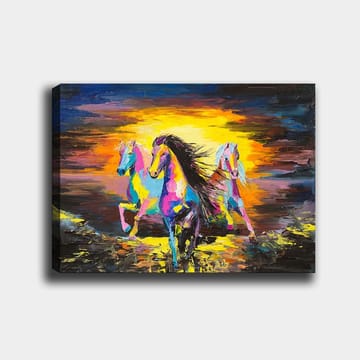 Canvastavla 70x100 cm - Färgglada hästar som galopperar mot en ljus bakgrund - Rosa / Gul / Blå - Inredning - Tavlor & posters - Canvastavla