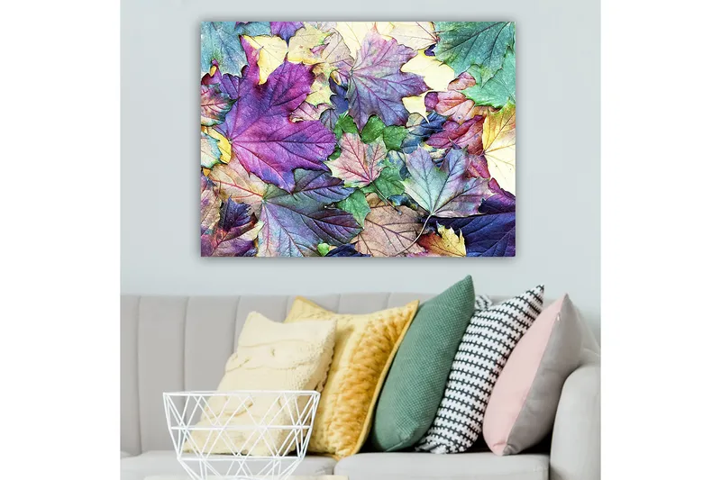 Canvastavla 70x100 cm - Färgglada höstlöv i en harmonisk komposition - Lila / Grön / Gul - Inredning - Tavlor & posters - Canvastavla