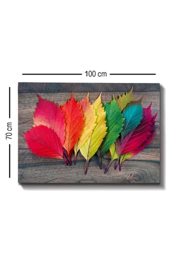 Canvastavla 70x100 cm - Färgglada höstlöv i olika nyanser som ligger på en träyta - Röd / Grön / Gul - Inredning - Tavlor & posters - Canvastavla