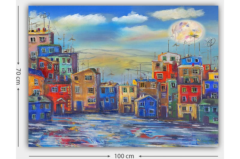 Canvastavla 70x100 cm - Färgglada hus i en stadsmiljö under en klar himmel med en stor måne - Blå / Röd / Gul - Inredning - Tavlor & posters - Canvastavla