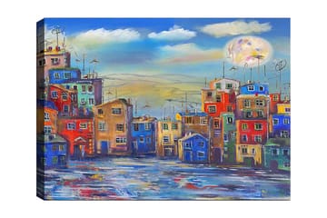 Canvastavla 70x100 cm - Färgglada hus i en stadsmiljö under en klar himmel med en stor måne - Blå / Röd / Gul - Inredning - Tavlor & posters - Canvastavla