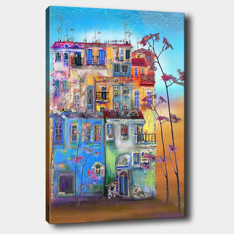 Canvastavla 70x100 cm - Färgglada hus i en urban miljö med blommande träd i förgrunden, Blå / Grön / Orange