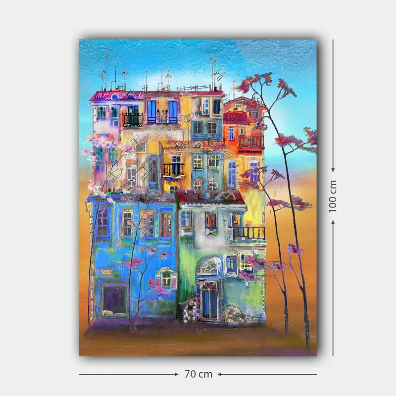 Canvastavla 70x100 cm - Färgglada hus i en urban miljö med blommande träd i förgrunden - Blå / Grön / Orange - Inredning - Tavlor & posters - Canvastavla