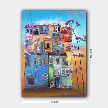 Canvastavla 70x100 cm - Färgglada hus i en urban miljö med blommande träd i förgrunden - Blå / Grön / Orange - Inredning - Tavlor & posters - Canvastavla