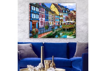 Canvastavla 70x100 cm - Färgglada hus längs en kanal i en pittoresk stadsmiljö - Blå / Rosa / Gul - Inredning - Tavlor & posters - Canvastavla