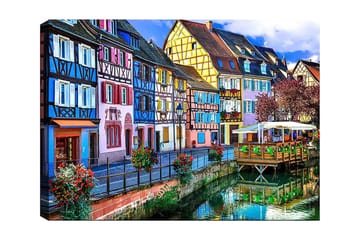 Canvastavla 70x100 cm - Färgglada hus längs en kanal i en pittoresk stadsmiljö - Blå / Rosa / Gul - Inredning - Tavlor & posters - Canvastavla