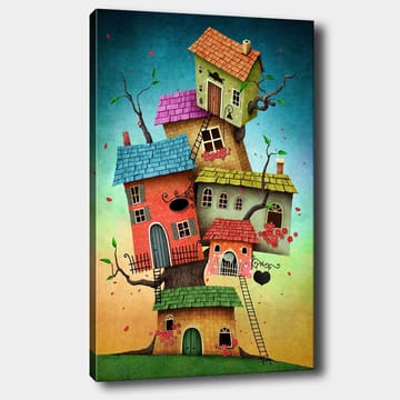 Canvastavla 70x100 cm - Färgglada hus som växer ur ett träd i en fantasifull och lekfull komposition - Röd / Grön / Blå - Inredning - Tavlor & posters - Canvastavla