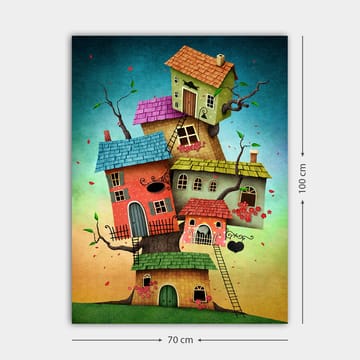 Canvastavla 70x100 cm - Färgglada hus som växer ur ett träd i en fantasifull och lekfull komposition - Röd / Grön / Blå - Inredning - Tavlor & posters - Canvastavla