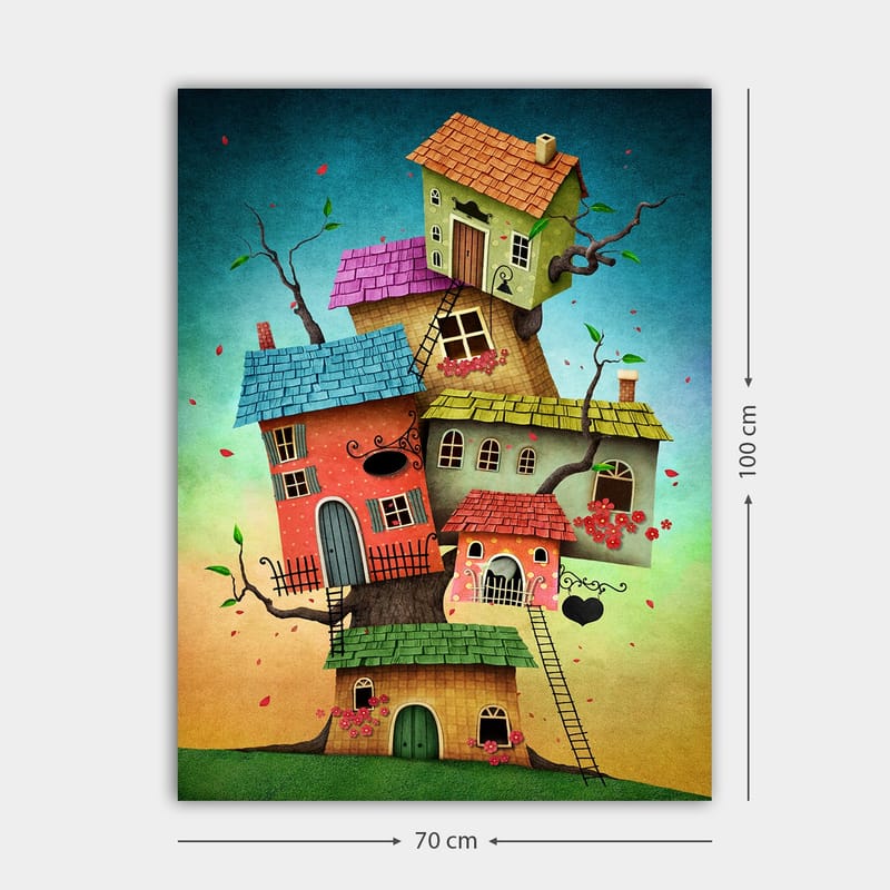 Canvastavla 70x100 cm - Färgglada hus som växer ur ett träd i en fantasifull och lekfull komposition - Röd / Grön / Blå - Inredning - Tavlor & posters - Canvastavla