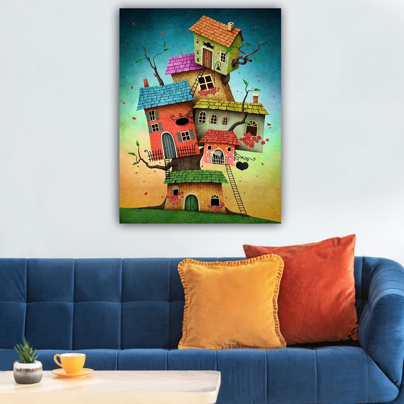 Canvastavla 70x100 cm - Färgglada hus som växer ur ett träd i en fantasifull och lekfull komposition - Röd / Grön / Blå - Inredning - Tavlor & posters - Canvastavla