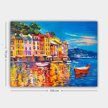 Canvastavla 70x100 cm - Färgglada hus vid en hamn med båtar som speglas i vattnet - Blå / Orange / Gul - Inredning - Tavlor & posters - Canvastavla